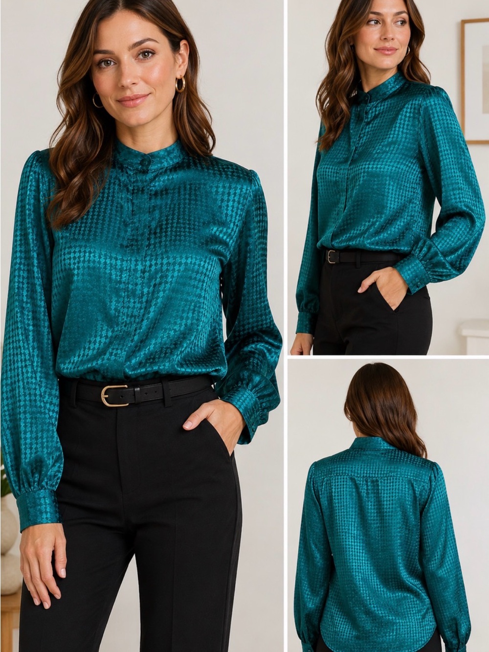 Vintage Miss Sophisticates Pendleton Teal Satin Jacquard Blouse Size 12